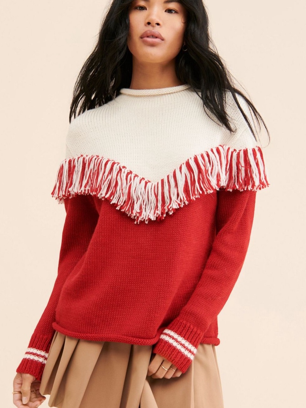 Women's Red and Cream Rollneck Fringe Yoke Sweater